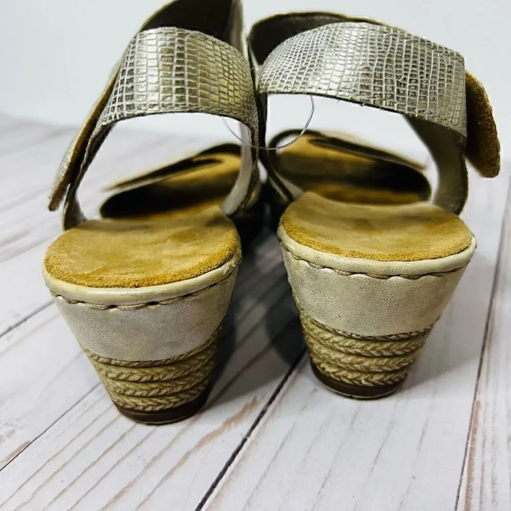Rieker Women's Fanni Light Gold Metallic Sling Back Mid Height Wedge Sandals Siz